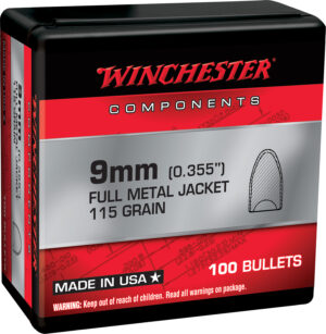 Winchester 9mm 115gr FMJ flat base bullets, 100 per box