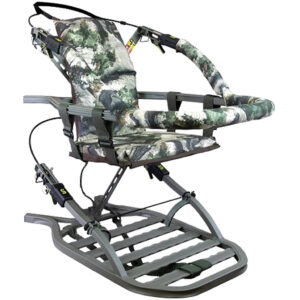Summit Viper SD Pro Climber tree stand in Mossy Oak Terra showing platform, armpad and cable system