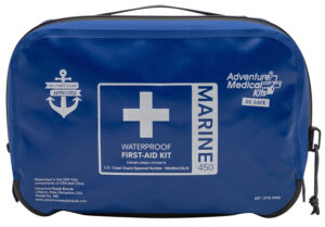 Adventure Medical Kits Marine 450 waterproof first aid kit in blue with TRU Zip and Marine Medicine guide