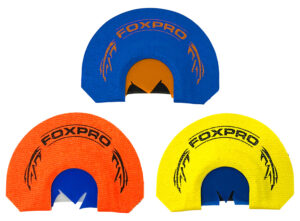 Foxpro Spurtaker 3-pack diaphragm turkey mouth calls in blue, orange, and yellow