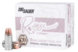 Box of Sig Sauer Rose 9mm ammunition with V-Crown hollow point bullets visible