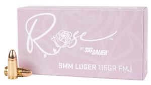 Sig Sauer Rose 9mm 115gr FMJ ammunition box containing 50 rounds