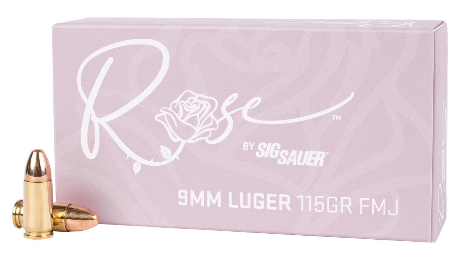 Sig Sauer Rose 9mm 115gr FMJ ammunition box containing 50 rounds