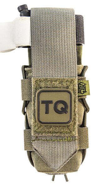 High Speed Gear TACO tourniquet pouch OD Green mounted on MOLLE with TQ patch