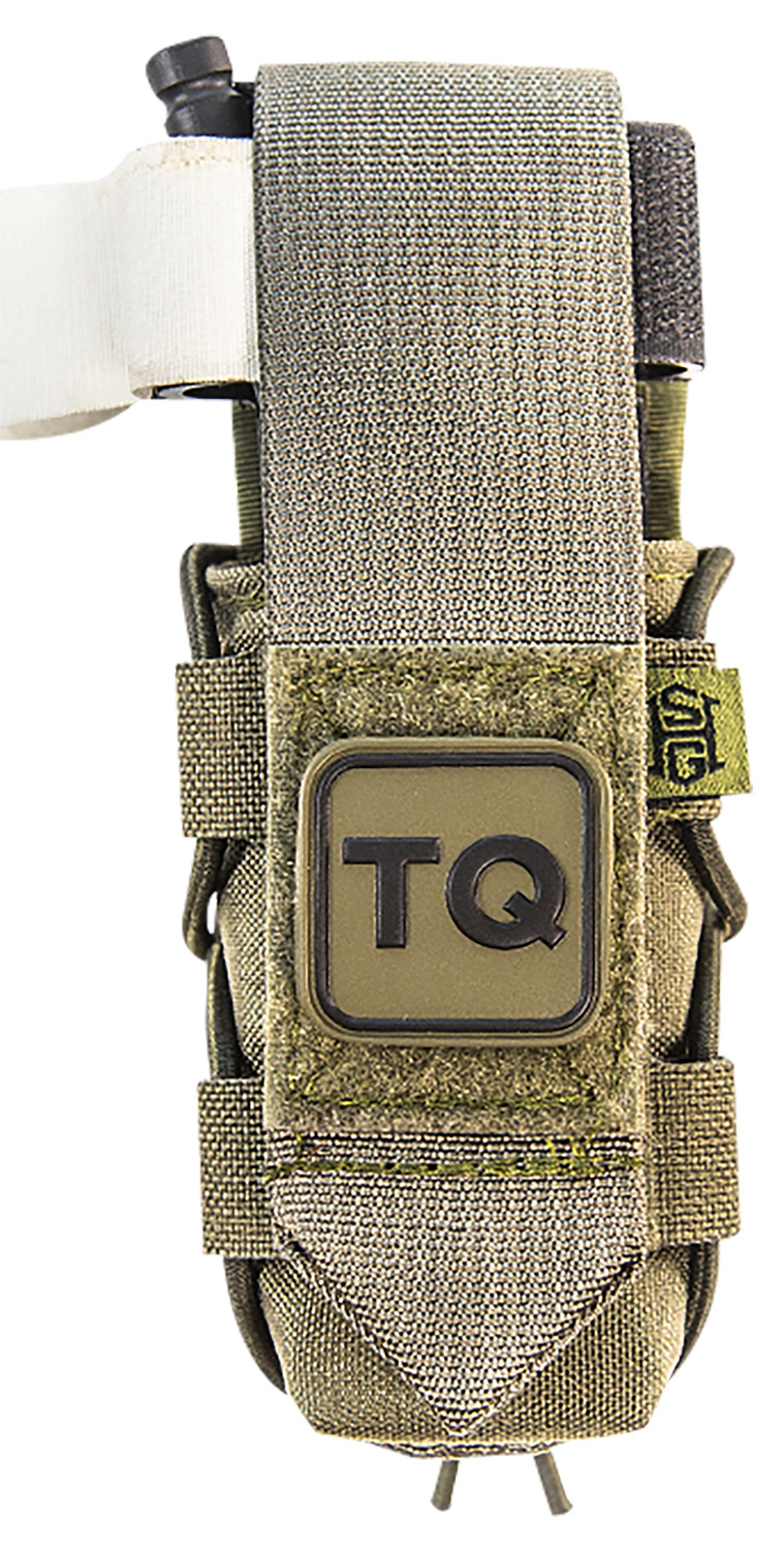 High Speed Gear TACO tourniquet pouch OD Green mounted on MOLLE with TQ patch