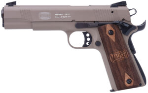 Mauser 1911 .22 LR pistol with tan aluminum slide and frame, walnut grips, and 5-inch black barrel