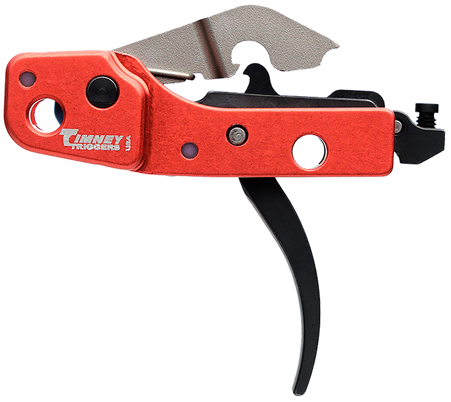 Red Timney AK Drop-In Trigger cassette unit with curved trigger shoe for AK-pattern rifles