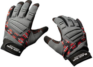 Black Rain Ordnance tactical gloves in black gray red, large, Velcro closure