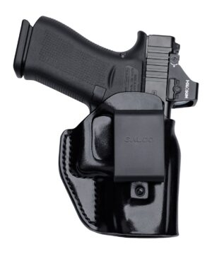 Black Galco Stow-N-Go Elite leather IWB holster with polymer clip, right-hand carry