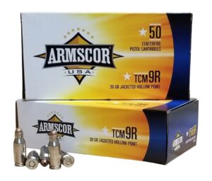 Box of Armscor 22 TCM 9R 39-grain jacketed hollow point ammunition