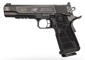Kimber 1911 DS Warrior Boot Campaign 9mm pistol with engraved KimPro black slide and 5-inch stainless barrel