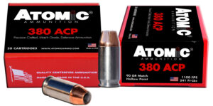 Box of Atomic 380 ACP 90 grain hollow point ammunition with nickel-plated brass casings