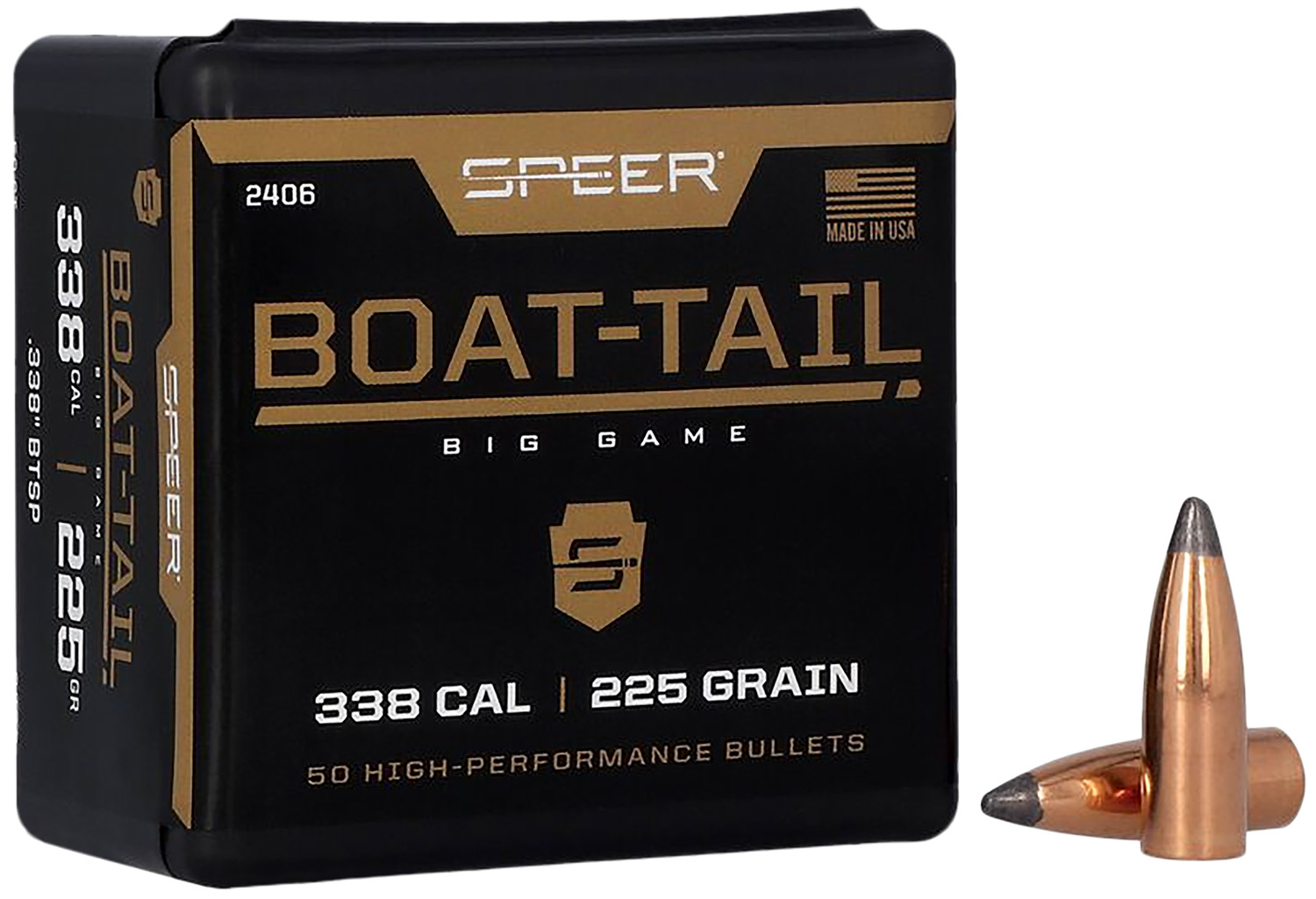 Speer 2406 .338 Cal 225 gr Spitzer Boat-Tail Soft Point bullets, 50 count box