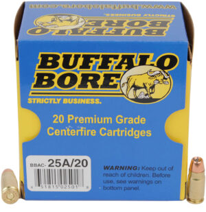 Buffalo Bore 25A20 .357 Sig 125gr JHP ammunition box with 20 rounds