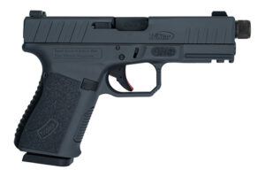 TriStar APOC Pro 9mm pistol in Sniper Gray with threaded barrel, optic-ready serrated slide, and fiber-optic sights