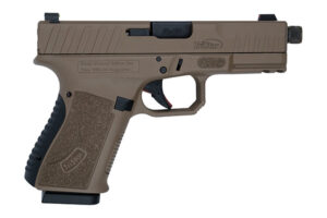 TriStar APOC Pro 9mm pistol with Flat Dark Earth frame, black slide, threaded barrel