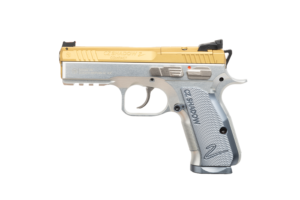 CZ 75 Shadow 2 Compact Gold 9mm pistol with gold-anodized accents, black slide, and fiber-optic front sight