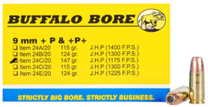 Box of Buffalo Bore 9mm +P+ 147gr JHP ammunition with brass casings