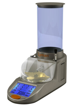 Lyman Gen6 Compact Powder System front-left view showing touch-screen and powder pan