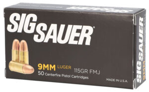 Box of Sig Sauer Elite Ball 9mm 115gr FMJ ammunition with 50 rounds displayed
