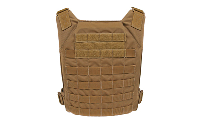 Grey Ghost Precision Minimalist Plate Carrier in Coyote brown showing MOLLE webbing and stash pocket