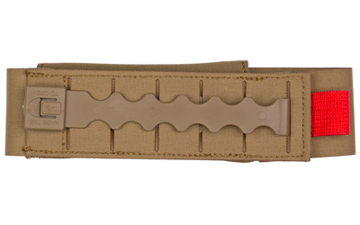 Grey Ghost Precision Tourniquet Pouch Coyote holds CAT-style tourniquet with elastic sides and high-vis red tab
