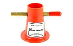 Hornady Powder Trickler in red plastic, used to trickle final tenths of a grain for reloading