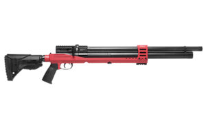 JTS Airacuda PRS MAX .22 PCP air rifle in red and black with synthetic stock and 18 inch barrel
