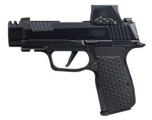 SIG SAUER P365 AXG LUXE 380 ACP pistol with black Cerakote slide, integrated compensator, and factory ROMEO-X red dot optic