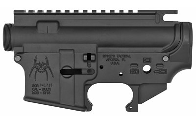 Spikes Tactical stripped upper and lower receiver set in black with Spider logo for .223/5.56 AR-15 builds