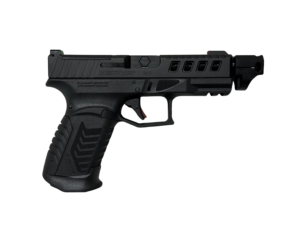 Derya Arms DY9 Comp 9mm pistol in black with threaded compensator, optic-ready slide, and fiber optic sights