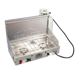 Camp Chef Mountaineer Aluminum Cooking System portable tabletop grill with suitcase lid