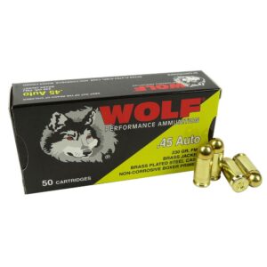 Box of Wolf Turkish 45 ACP 230gr FMJ ammunition with 50 rounds