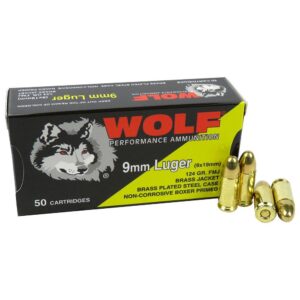 Box of Wolf Performance 9mm 124gr FMJ ammo with brass-plated steel cases