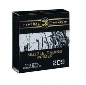 Box of 100 Federal Premium 209 Muzzleloading Primers, model PMZ209, with gold primers