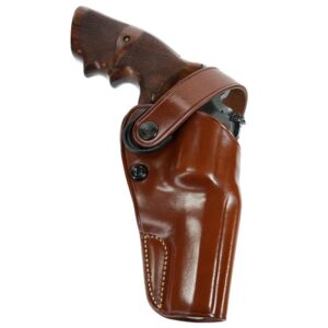 Tan leather Galco DAO holster with retention strap, right-hand strongside carry