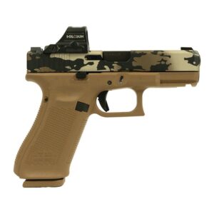 Glock 19X V-Series camo Cerakote 9mm pistol with quad ported barrel and mounted Holosun 407C X2 red dot