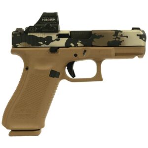 Glock 19X V-Series custom 9mm pistol with camo Cerakote, ported barrel, and mounted Holosun 407C X2 red dot
