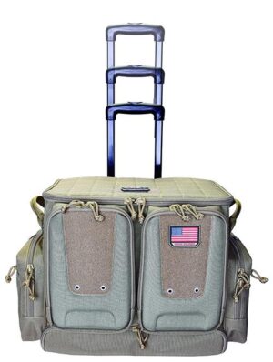 G Outdoors tan tactical rolling rolling range bag holds 10 handguns with telescoping handle and oversize ATV wheels