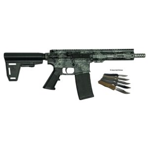 Great Lakes Firearms GL15 AR-15 pistol in lichen grey camo Cerakote with adjustable brace and M-LOK handguard