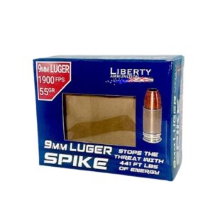 Liberty Spike 9mm 55 grain copper hollow point ammo box and cartridges