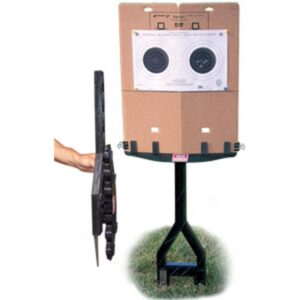 MTM Jammit Target Stand in black polymer with stakes and cardboard target backer