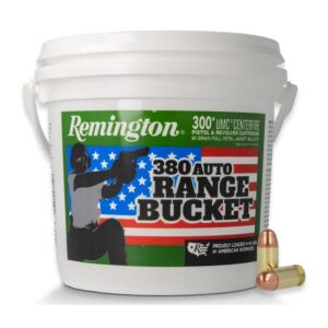 Remington UMC .380 ACP 95-grain FMJ ammunition in yellow bucket with handle