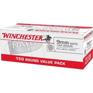 Winchester NATO 9mm 124 grain FMJ ammunition, 150 rounds in white box packaging