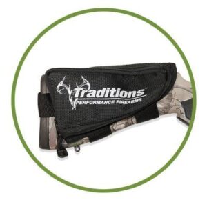 Traditions Rifle Stock Pack black nylon mounted on rifle buttstock with zippered pouch