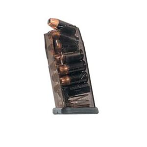 ETS carbon smoke 9-round .45 ACP magazine for Glock 30, translucent polymer body showing round count