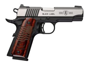 Browning 1911-380 Black Label Medallion Pro Compact pistol with two-tone blackened stainless slide and rosewood grips