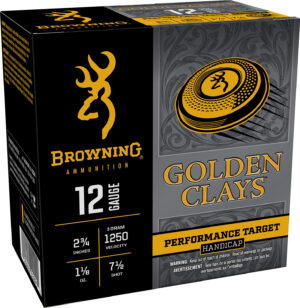 Box of Browning Golden Clays 12 gauge handicap ammunition with antimony-alloyed shot pellets