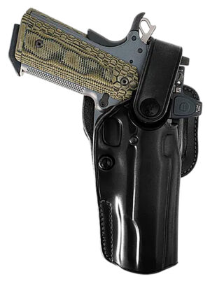 Black steerhide Galco APO224RB OWB belt holster for Glock 17 shown in right hand carry position