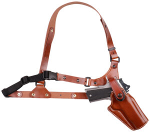 Tan leather Galco Great Alaskan shoulder holster system with adjustment straps